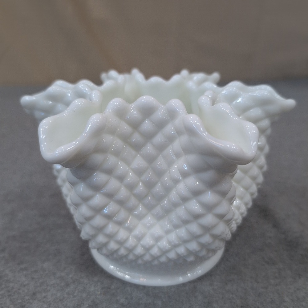 Vintage White Milk Glass‎ Hobnail Ruffled Rim Vase Mid Century Decor